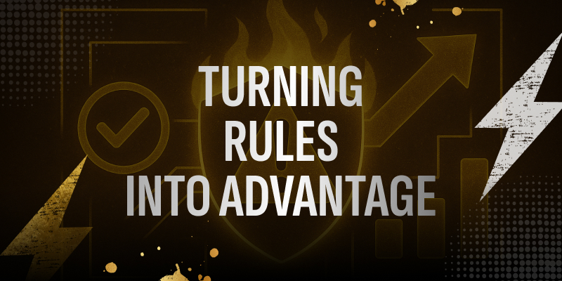 Minimalist graphic emphasizing competitive advantage through compliance-focused creative production.