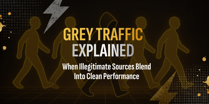 Infographic explaining grey traffic — mixed ad sources and attribution manipulation in performance marketing.