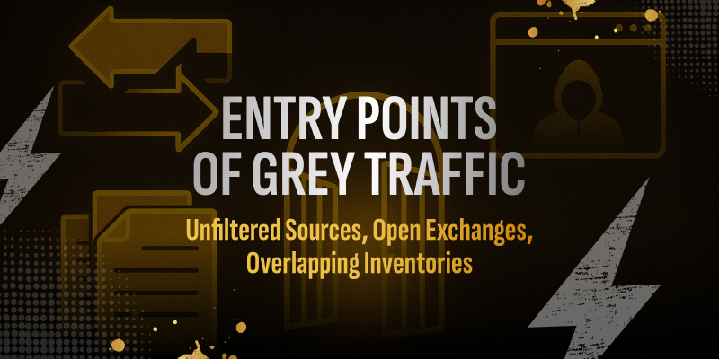 Diagram showing main entry points for grey traffic — open ad exchanges, unfiltered sub-sources, outdated fraud filters.