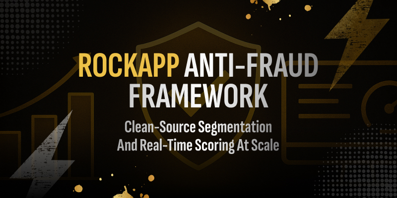 Graphic showing RockApp’s anti-fraud framework with MMP data pairing, real-time scoring, and clean-source segmentation.